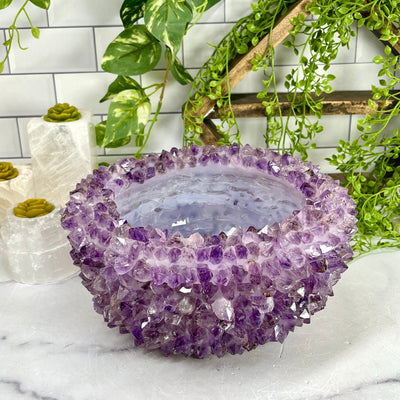 Amethyst Crystal Point Bowl - Handmade - Home Decor empty bowl with props in background side view