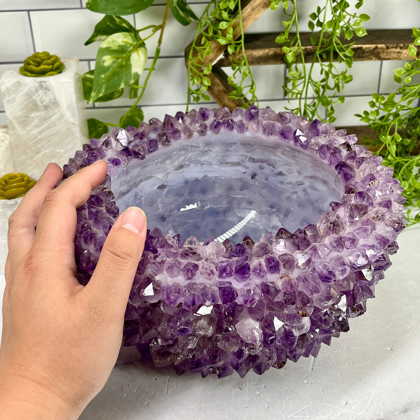 Amethyst Crystal Point Bowl - Handmade - Home Decor side view empty bowl with hand for size reference