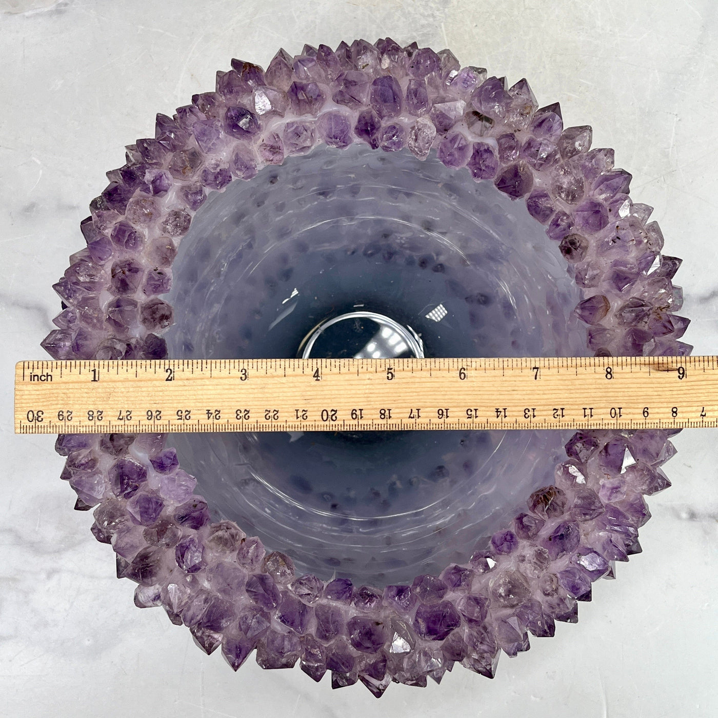 Amethyst Crystal Point Bowl - Handmade - Home Decor top view with ruler for size reference