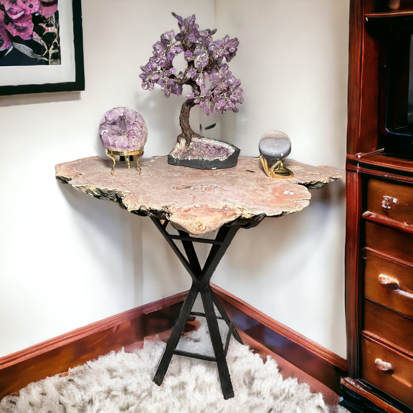 Pink Amethyst Crystal Table displayed as home decor 