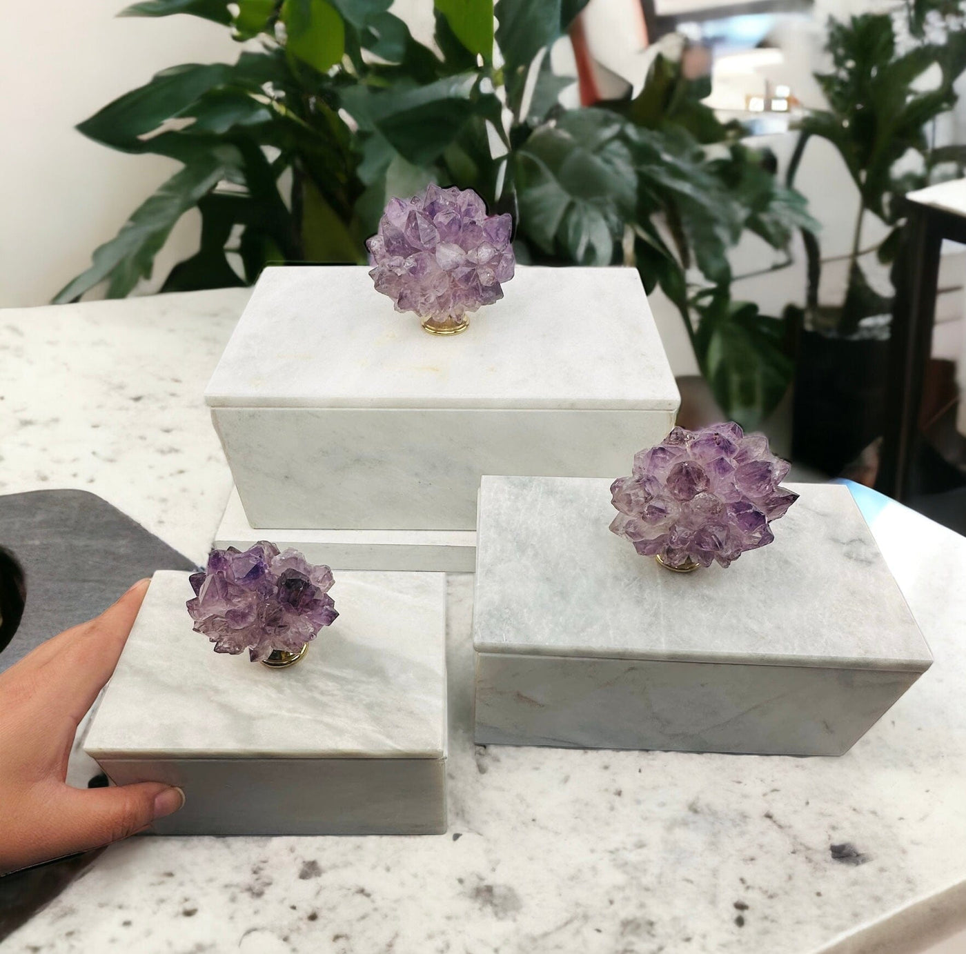 Amethyst Pinecone on Rectangular Marble Box - Choose Size - in hand for size reference 