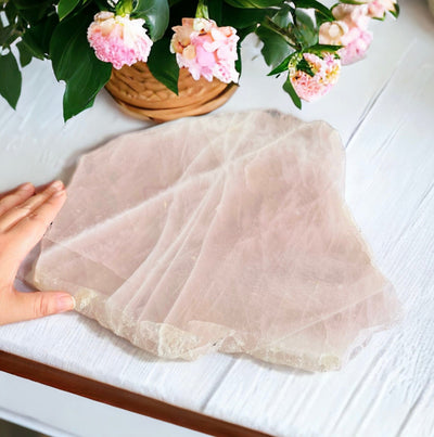 Rose Quartz Platter with hand next to it for size reference 