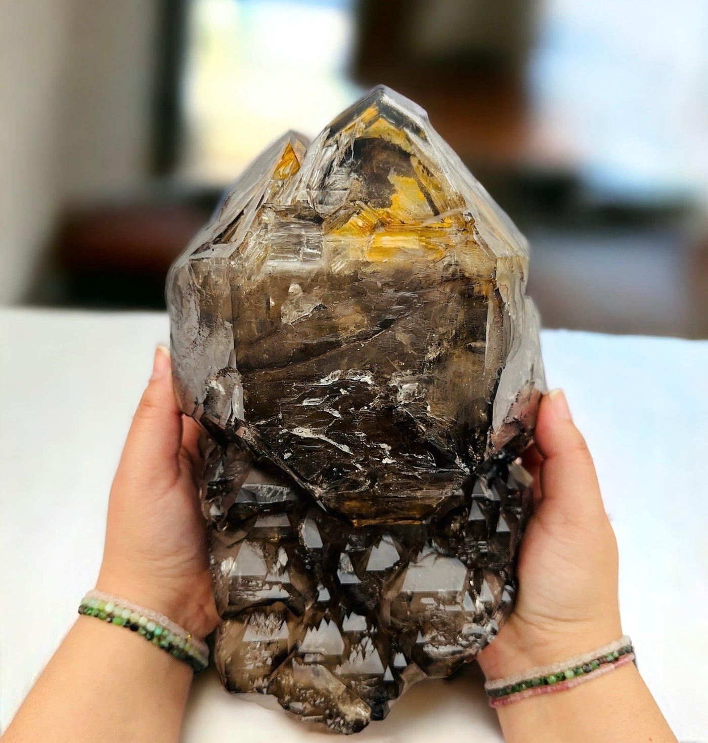 Elestial Alligator Smokey Quartz Crystal - Collectors Piece in hand for size reference 