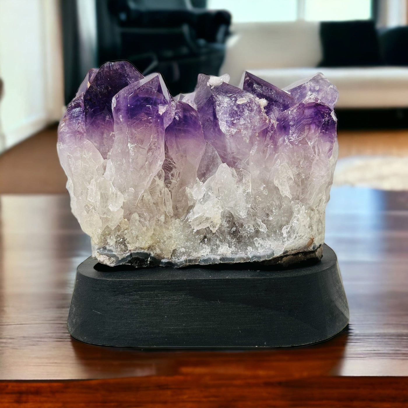 Amethyst Crystal Cluster on Wooden Base displayed as home decor 