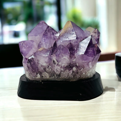 Amethyst Crystal Cluster on Wooden Base - Natural Cluster - displayed as home decor 
