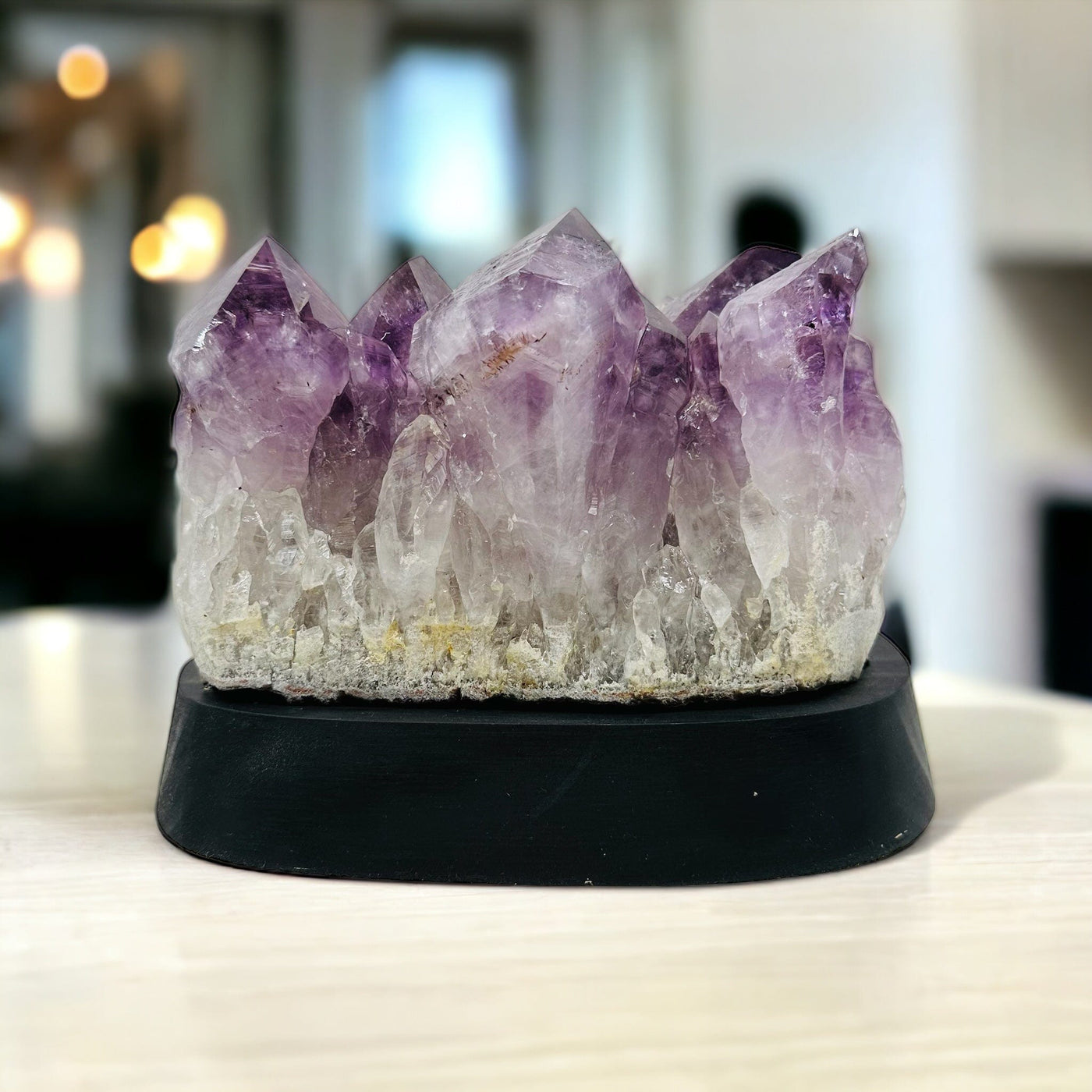 Amethyst Crystal Cluster on Wooden Base - Table Setting -displayed as home decor 