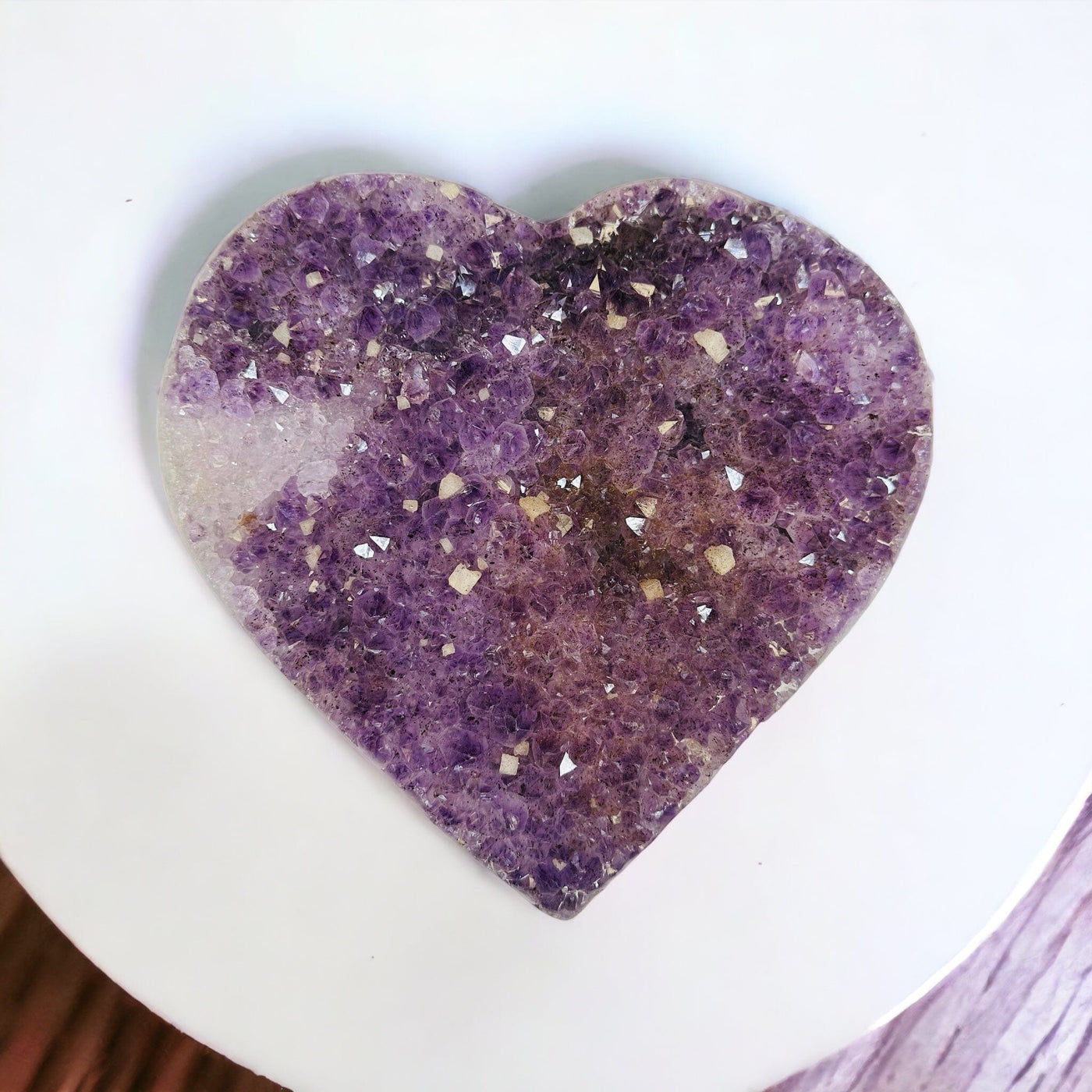 Large Amethyst Cluster Heart displayed as home decor 