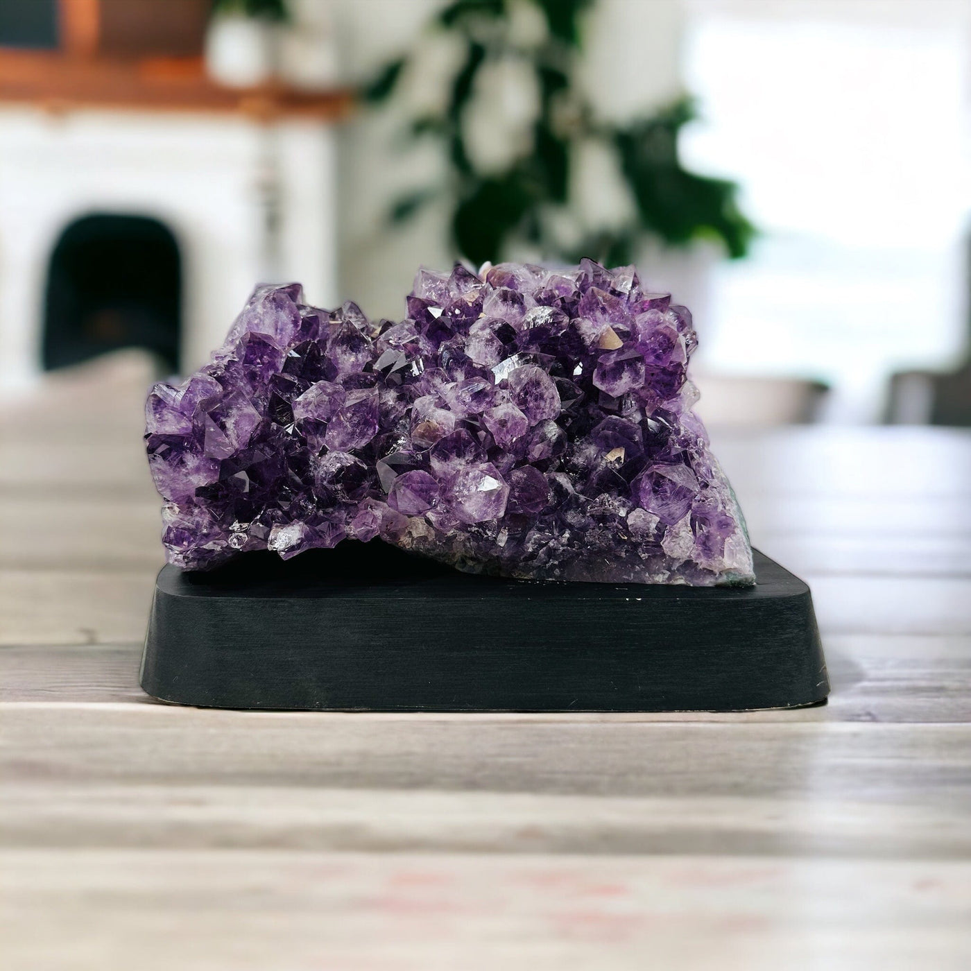 Amethyst Crystal Cluster on Wooden Base - Table Setting - displayed as home decor 