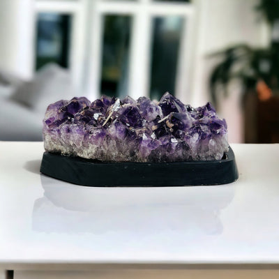 Amethyst Crystal Cluster on Wooden Base - Large Table Setting displayed as home decor 