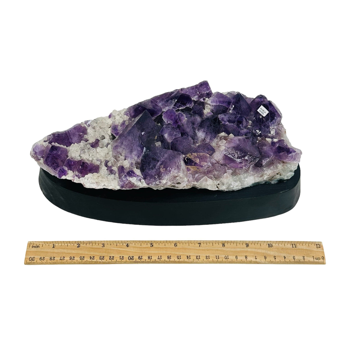 Amethyst Crystal Cluster on Wooden Base - Crystal Decor - next to a ruler for size reference 
