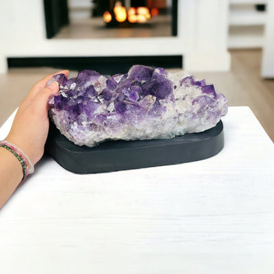 Amethyst Crystal Cluster on Wooden Base - Crystal Decor - displayed as home decor 