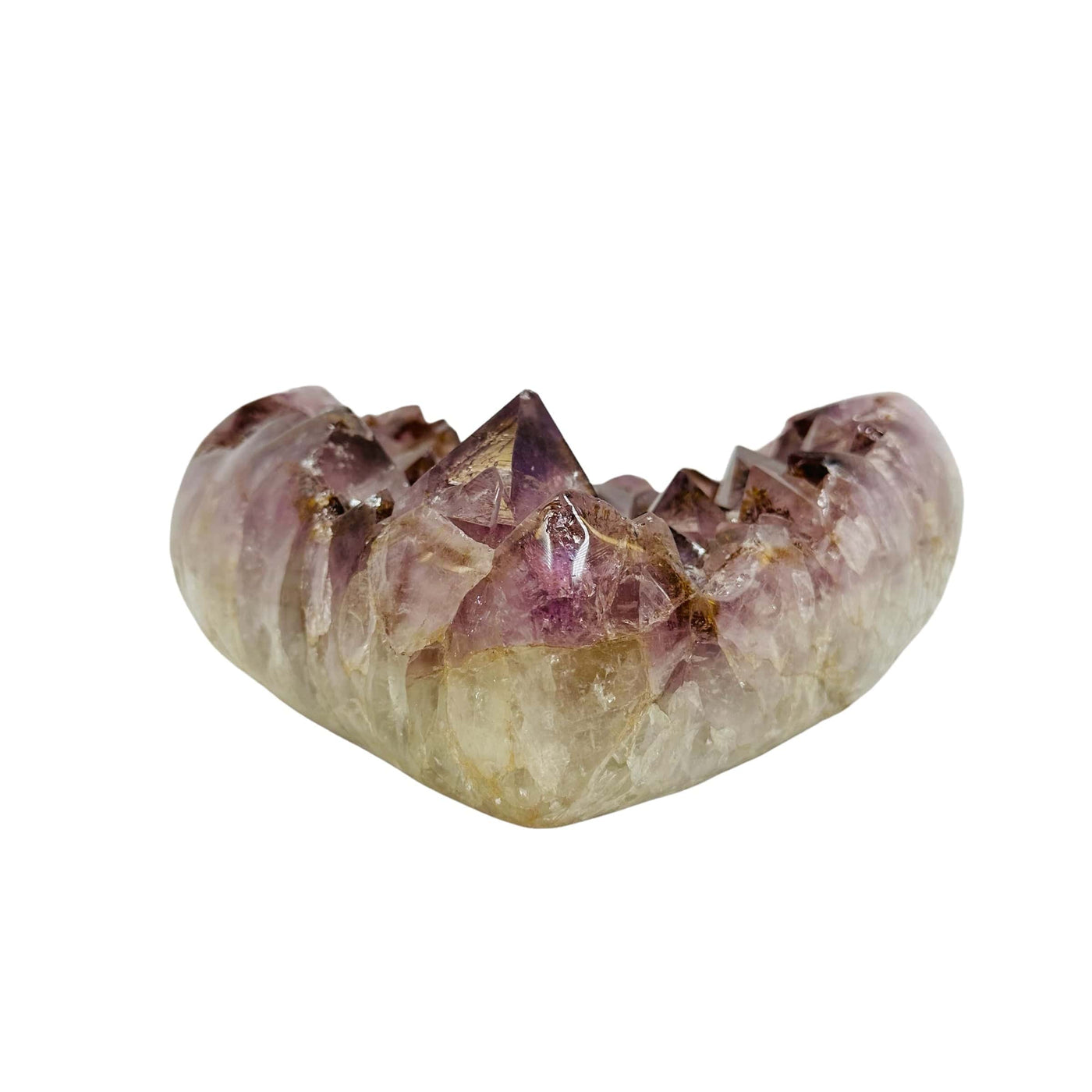 side view to show a large amethyst cluster sticking out of the heart 