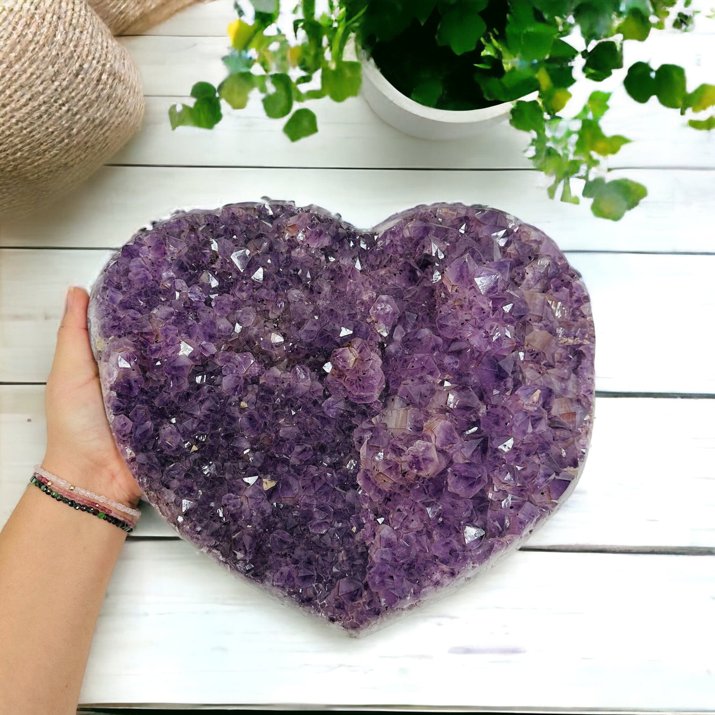 Large Amethyst Cluster Heart - Natural Amethyst - next to hand for size reference 