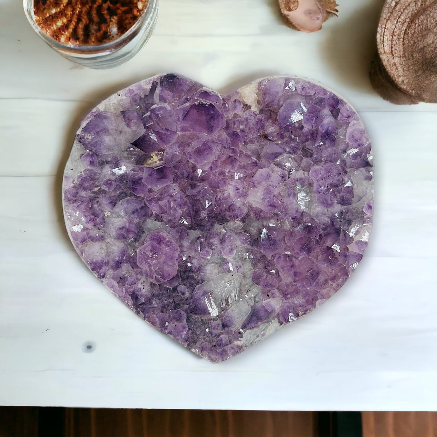 Large Amethyst Cluster Heart - Natural Amethyst displayed as home decor 
