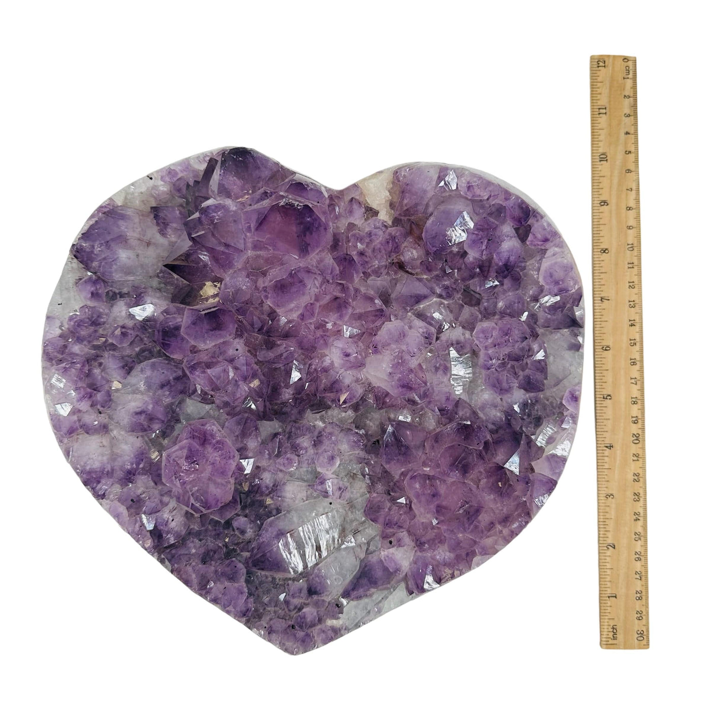 Large Amethyst Cluster Heart - Natural Amethyst next to a ruler for size reference 