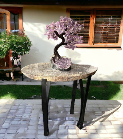 Natural Agate Crystal Table displayed in a garden 