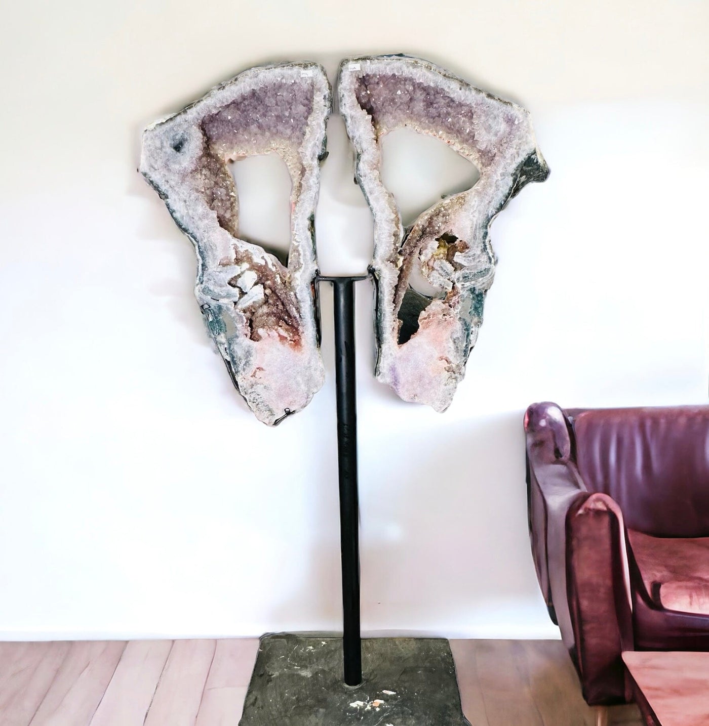 Pink Amethyst Wings on Black Metal Stand displayed as home decor