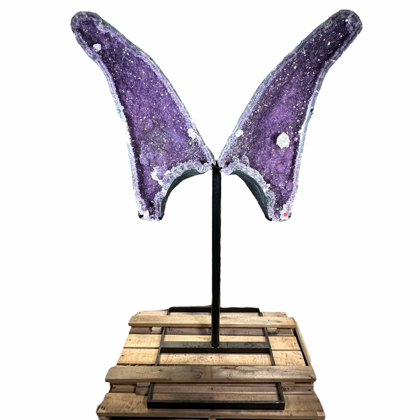 Amethyst Wings with Calcite druzy on custom Black Metal Stand
