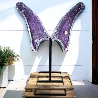 Amethyst Wings with Calcite druzy on custom Black Metal Stand displayed as home decor