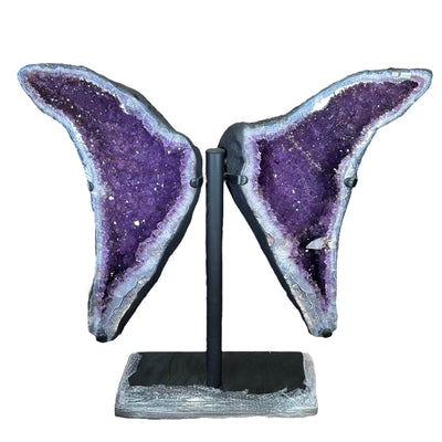methyst Wings with Dogtooth Calcite formation on Black Metal Stand