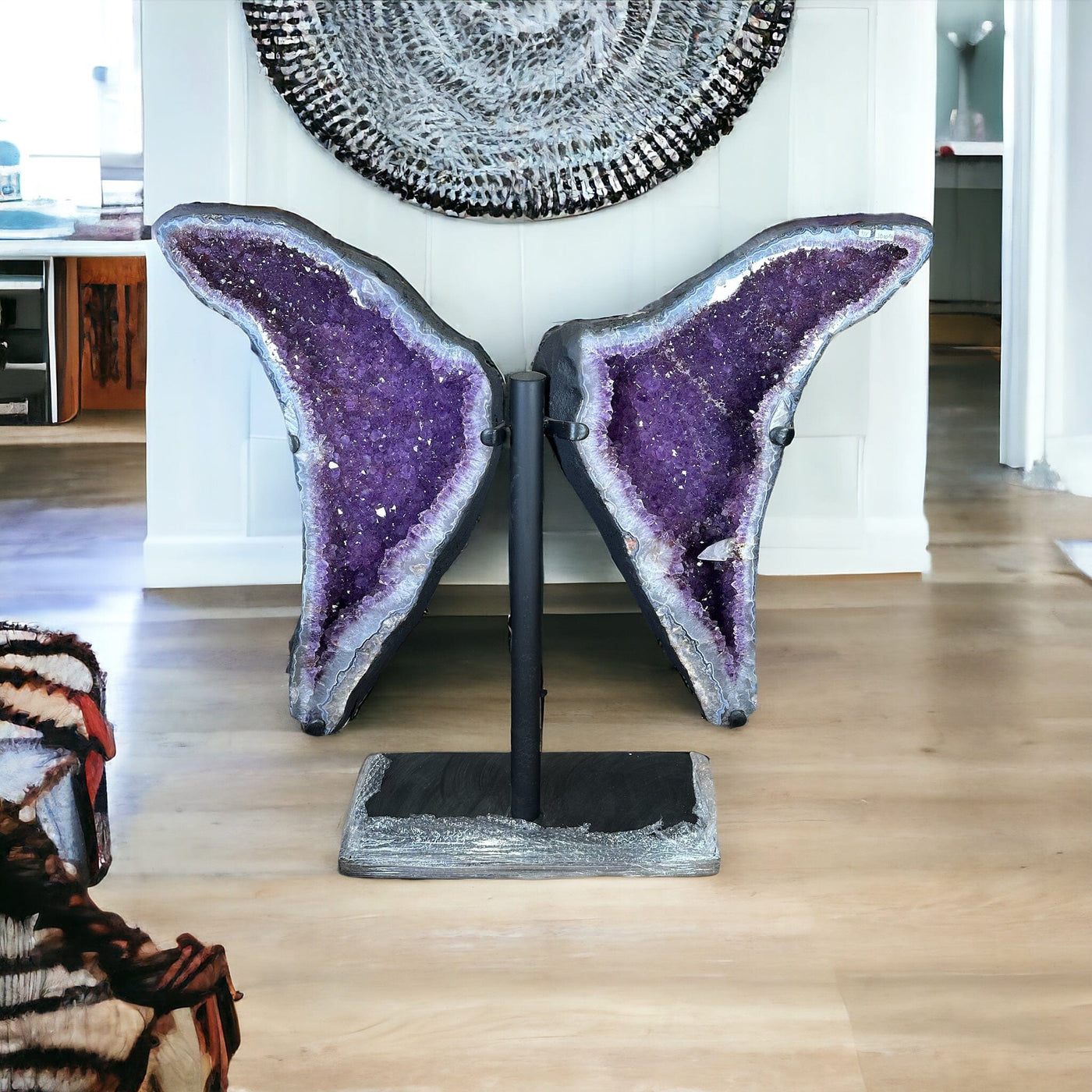 amethyst Wings with Dogtooth Calcite formation on Black Metal Stand displayed as home decor 