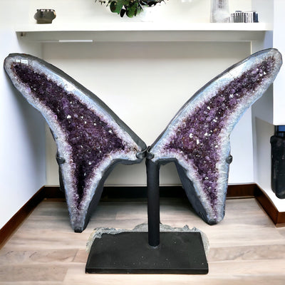 Amethyst Wings on custom Black Metal Stand displayed as home decor 