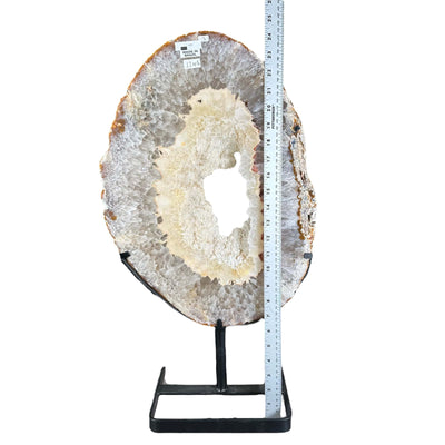 Natural Agate Slab on a Metal Stand next to a ruler for size reference 