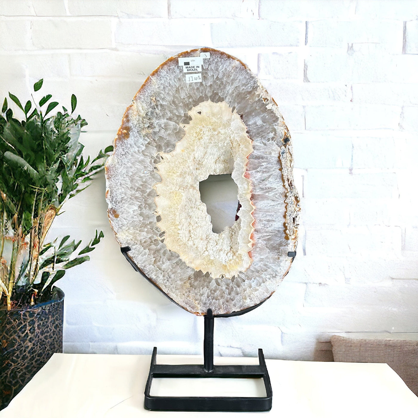 Natural Agate Slab on a Metal Stand displayed as home decor 
