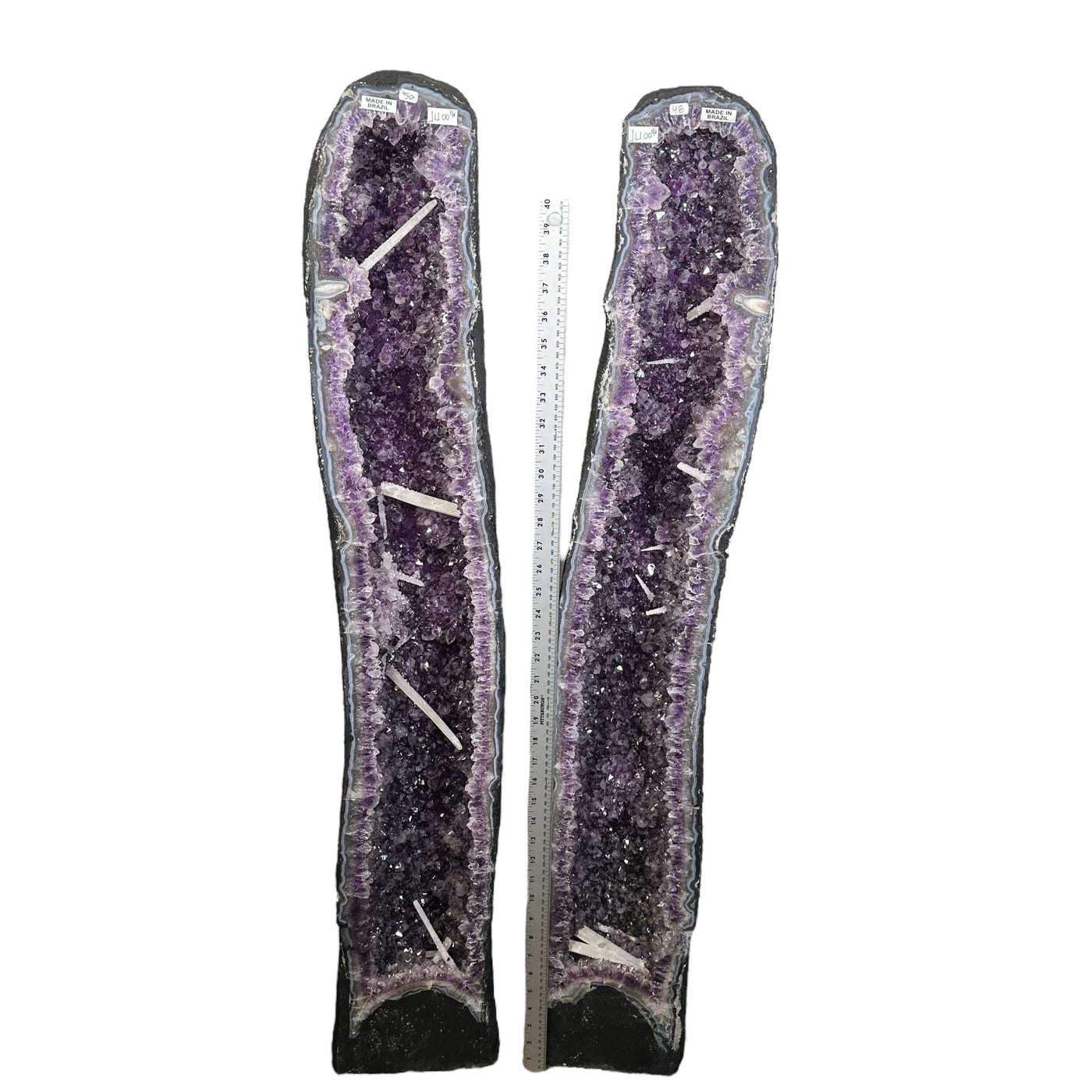 Amethyst Cathedrals with sugar Calcite druzy - Set of 2 next to a ruler for size reference