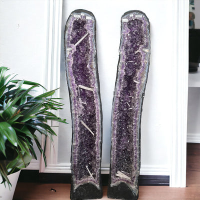 Amethyst Cathedrals with sugar Calcite druzy - Set of 2 displayed as home decor 