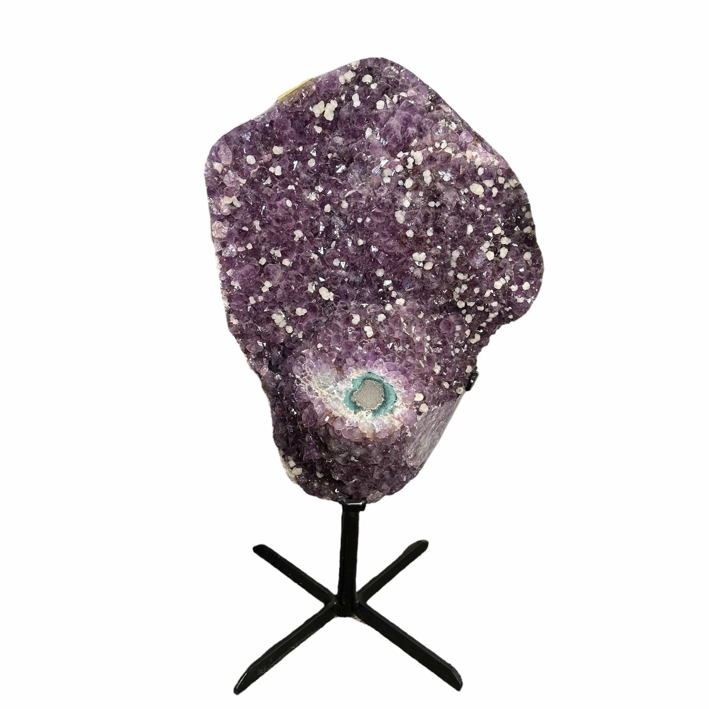 Amethyst Cluster with large Stalactite and Calcite on custom Black Metal Stand 