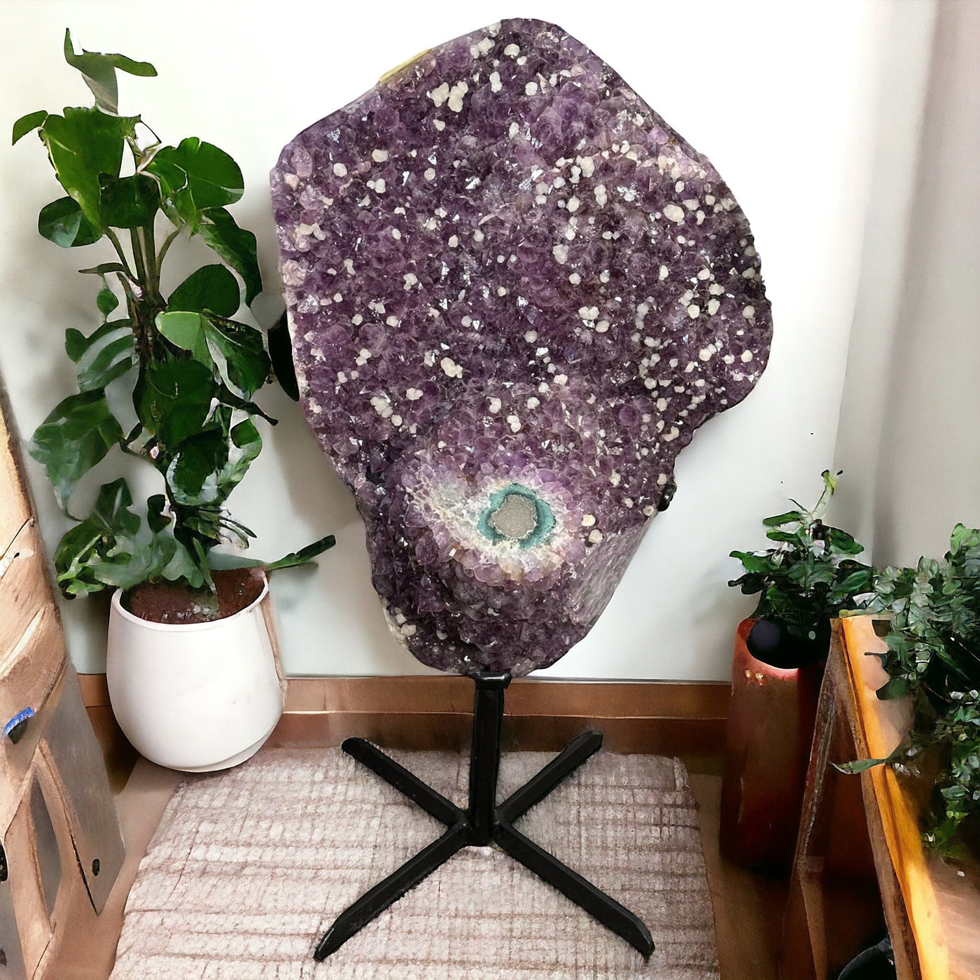 Amethyst Cluster with large Stalactite and Calcite on custom Black Metal Stand displayed as home decor