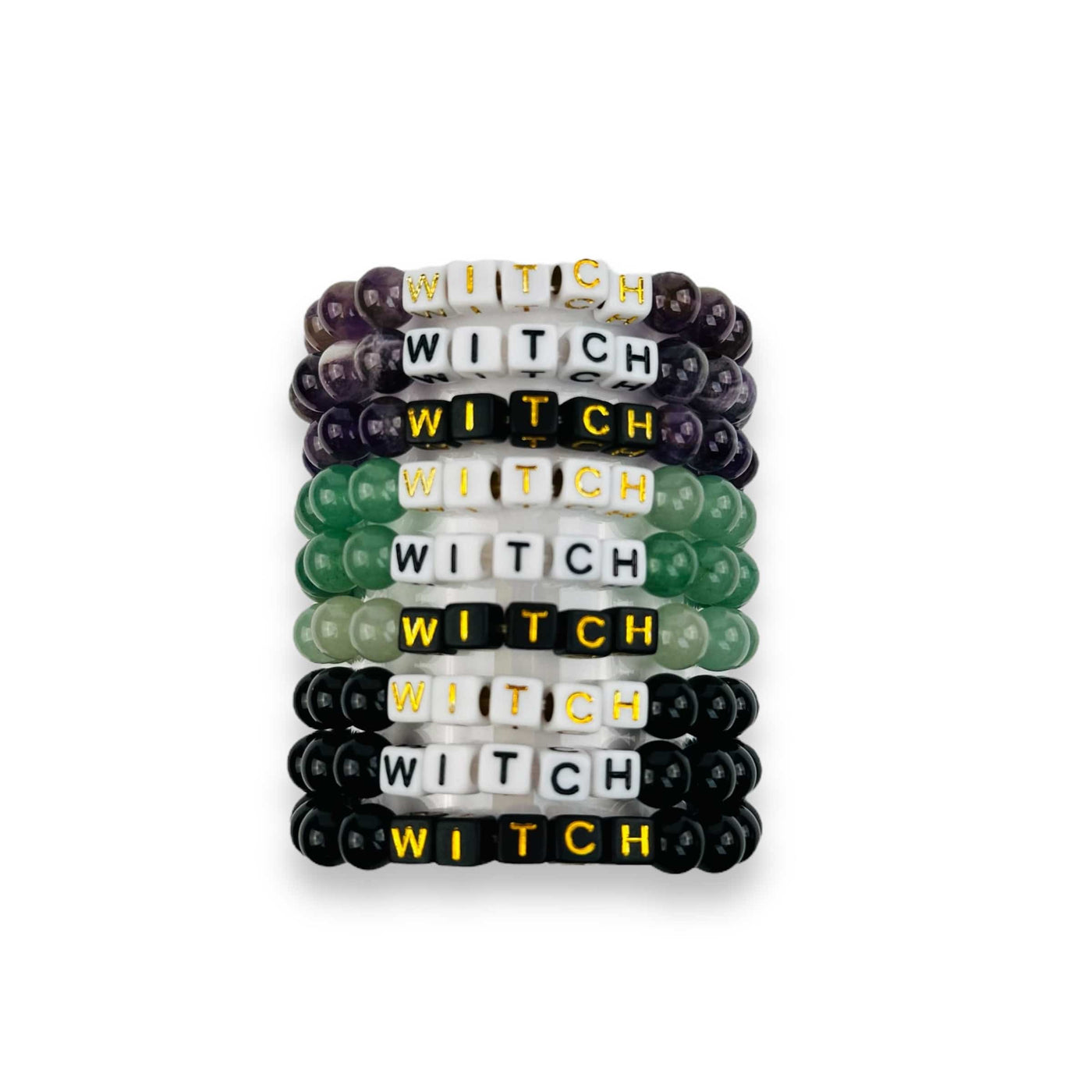 Crystal Mala Bead Bracelet - WITCH - showing the variations availble