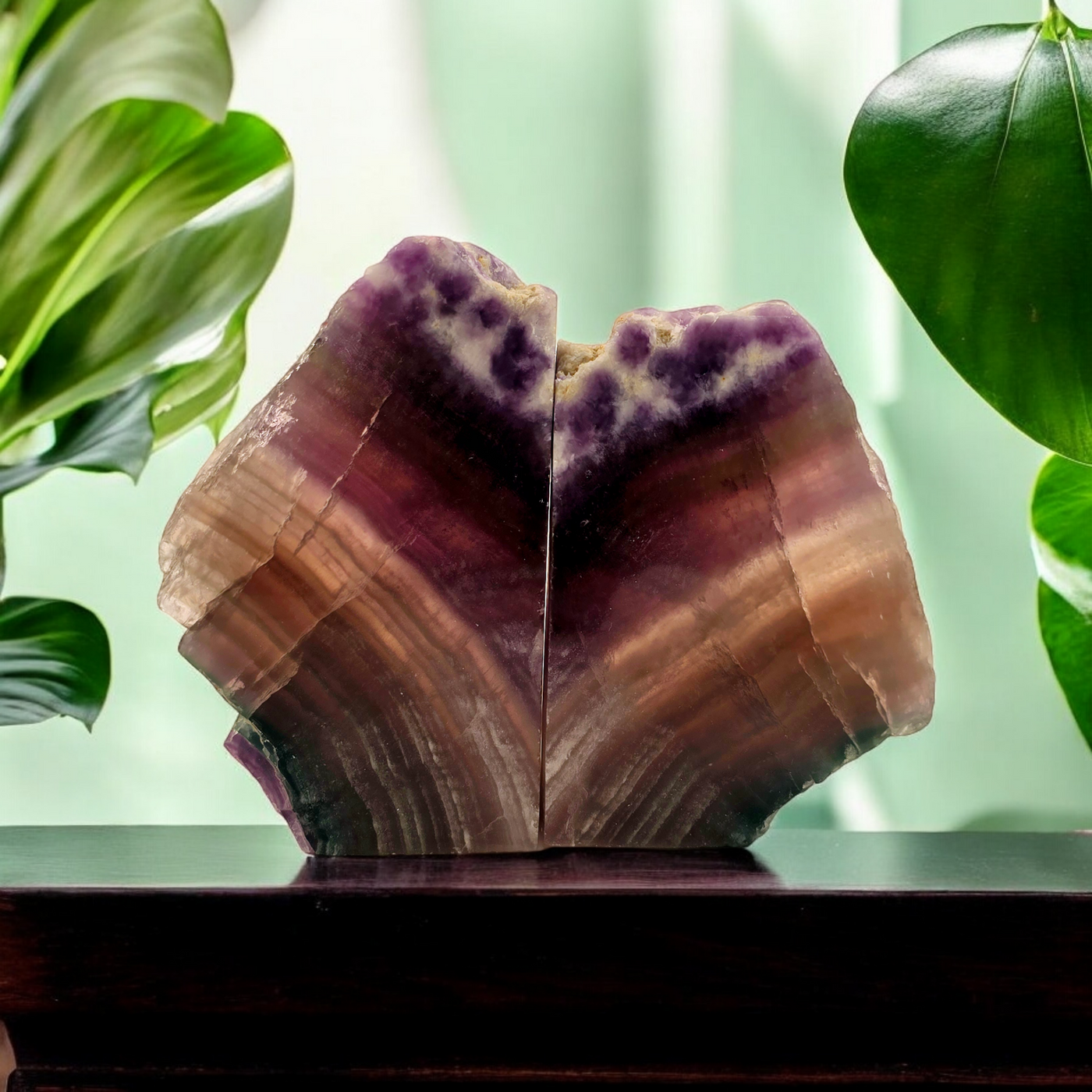 Fluorite Semi Polished Bookends - By Weight - 6-9 pound variant on wooden table with plants and light green wall in the background