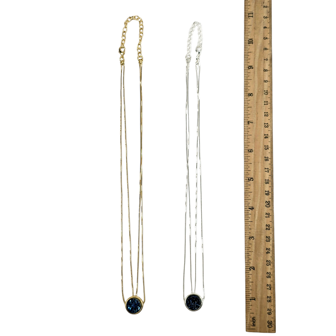 Mystic Blue Druzy Double Chain Necklace - You Choose Finish both variants with ruler for size reference