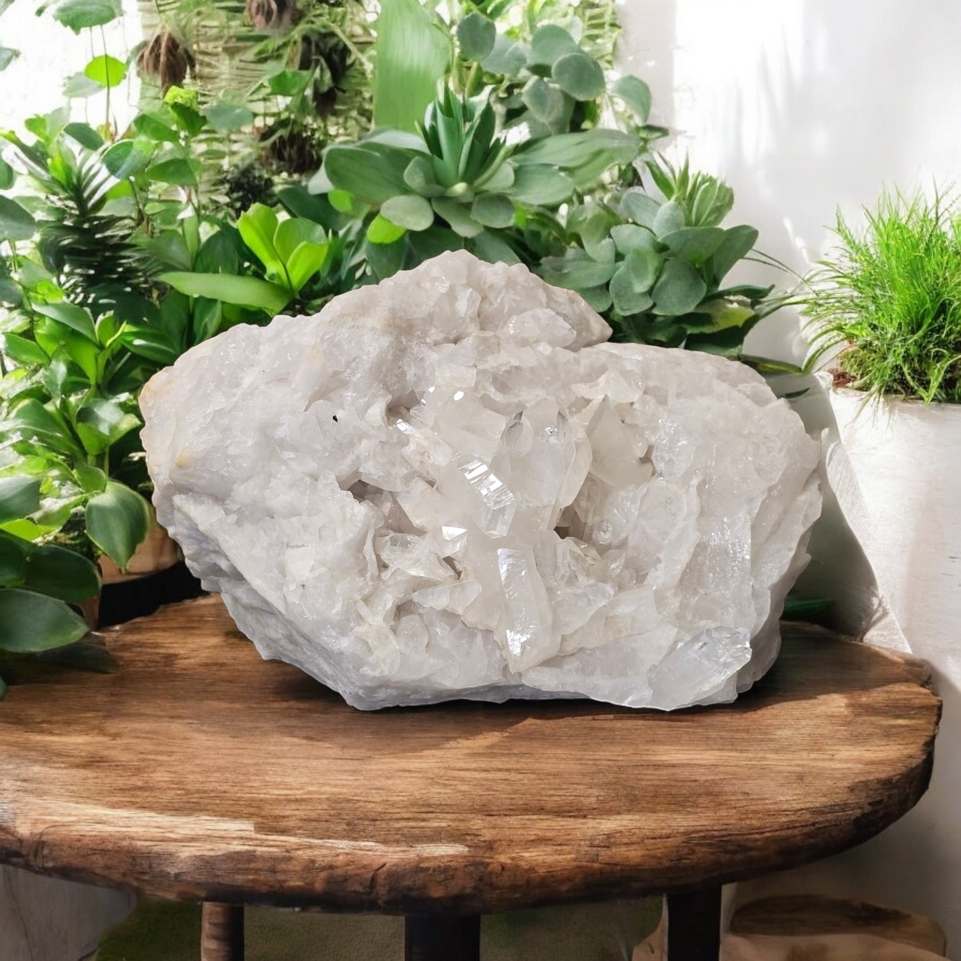 Giant Crystal Quartz Cluster #4 front view on wooden table with plants in the background