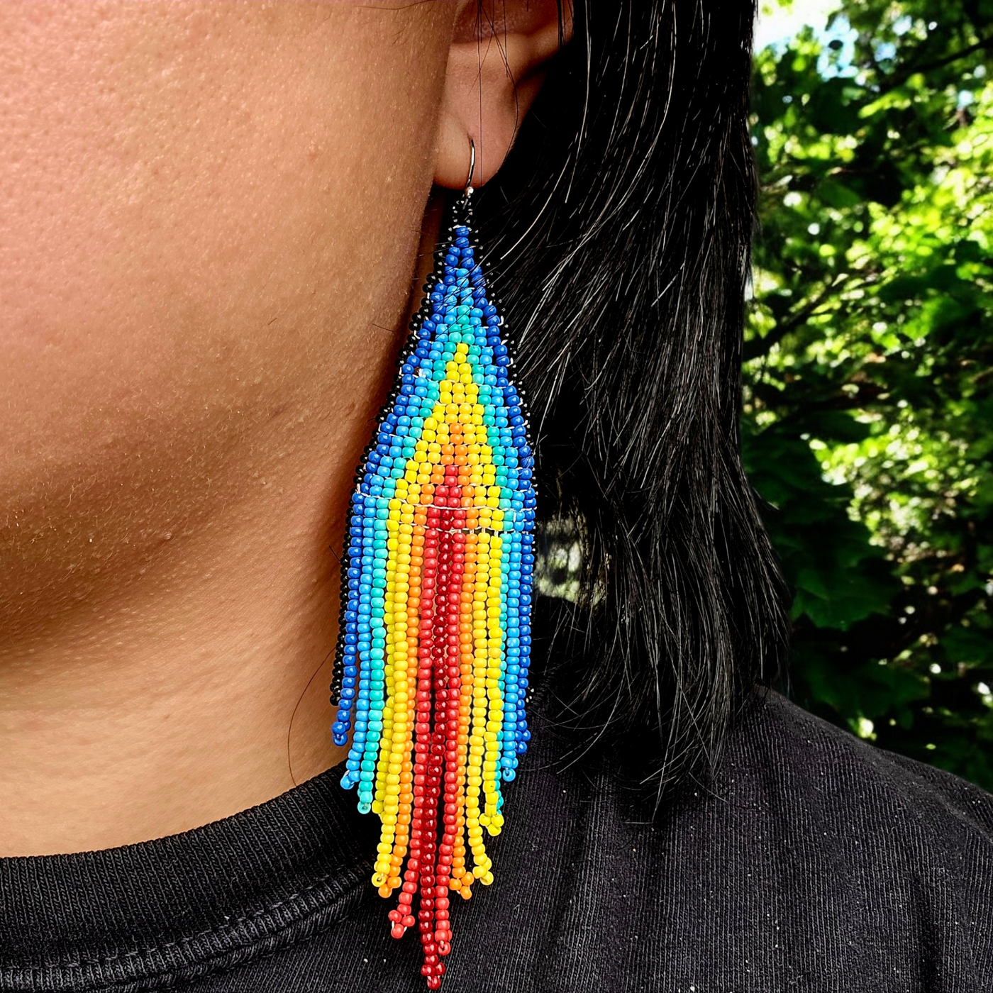 Seed Bead Earrings - Large Triangle and Fringe Pattern - You Choose Style - variant A worn on ear for size reference