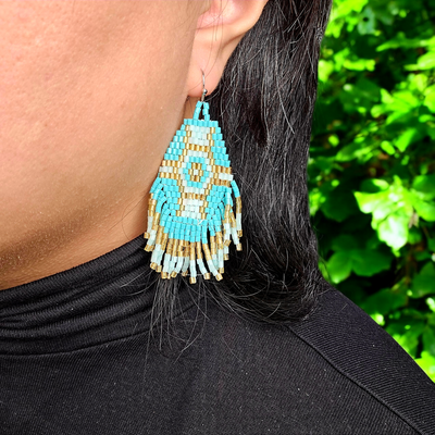 Seed Bead Earrings - Hexagon and Fringe Pattern - You Choose Style variant G worn on ear