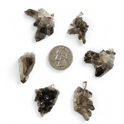 Smokey Quartz Rough Crystal Cluster Pendant with Silver Bail six shown with quarter for size reference