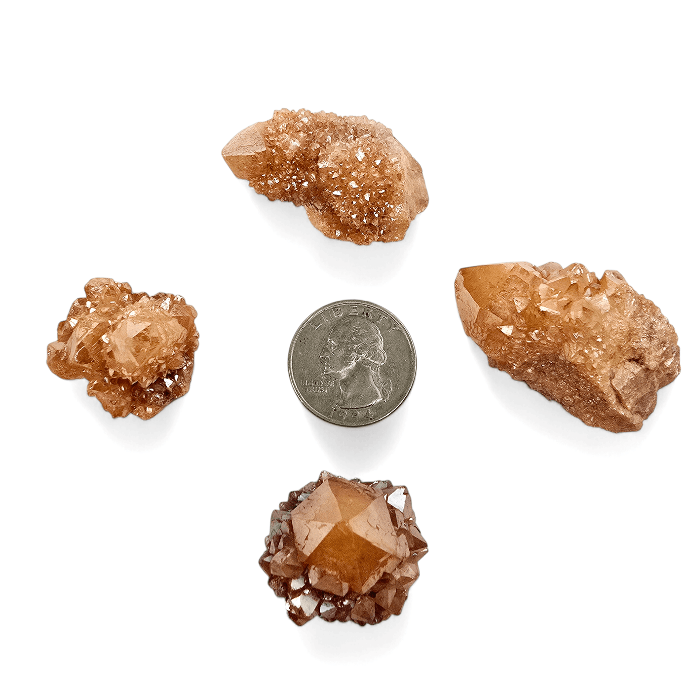 Sunshine Cactus Quartz - Spirit Quartz Crystal Cluster four with quarter for size reference on white background