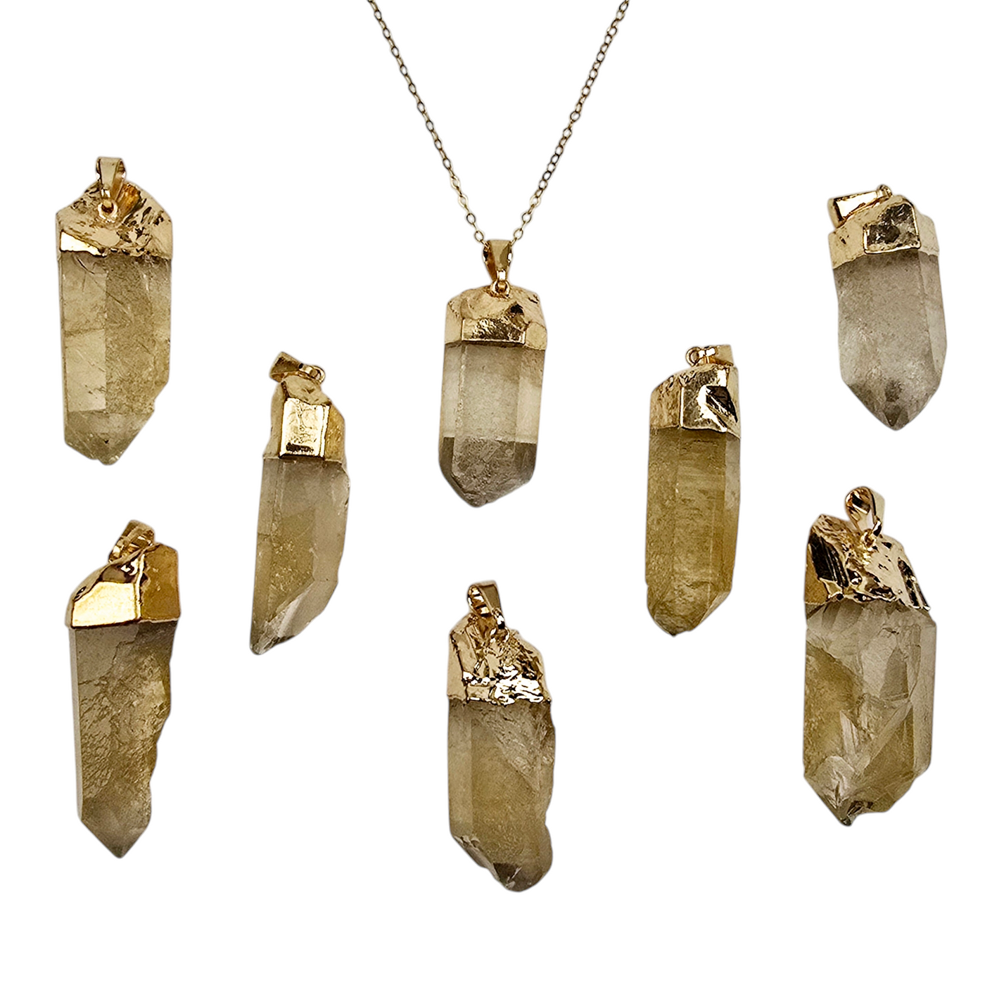 Citrine Natural Rough Crystal Point Pendant with 24k Gold Electroplated Cap and Bail eight shown one with chain on white background