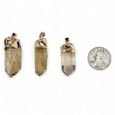 Citrine Natural Rough Crystal Point Pendant with 24k Gold Electroplated Cap and Bail three with quarter for size reference