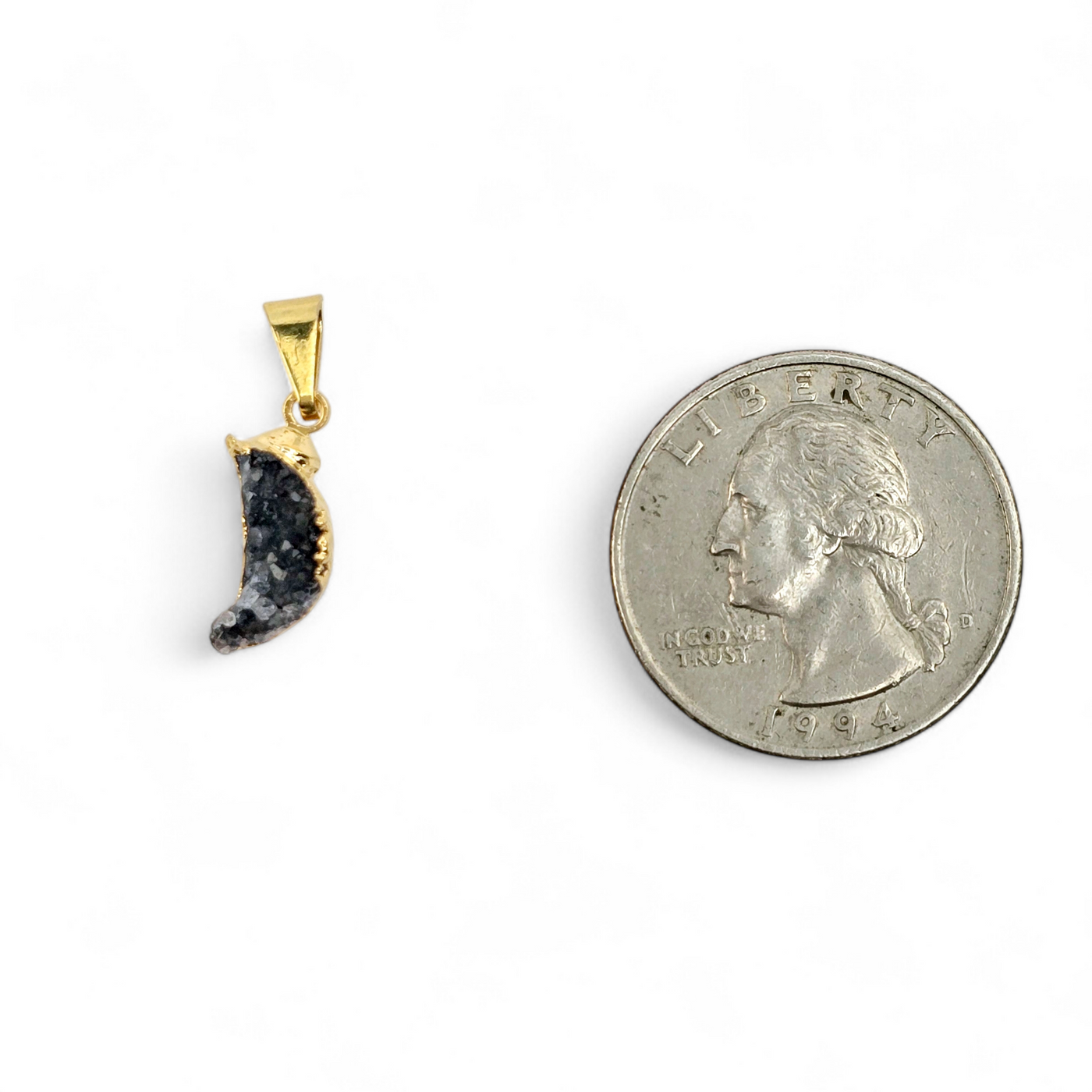 Amethyst Druzy Tiny Moon Crystal Pendant with 24k Gold Electroplated Edge and Bail one with quarter for size reference