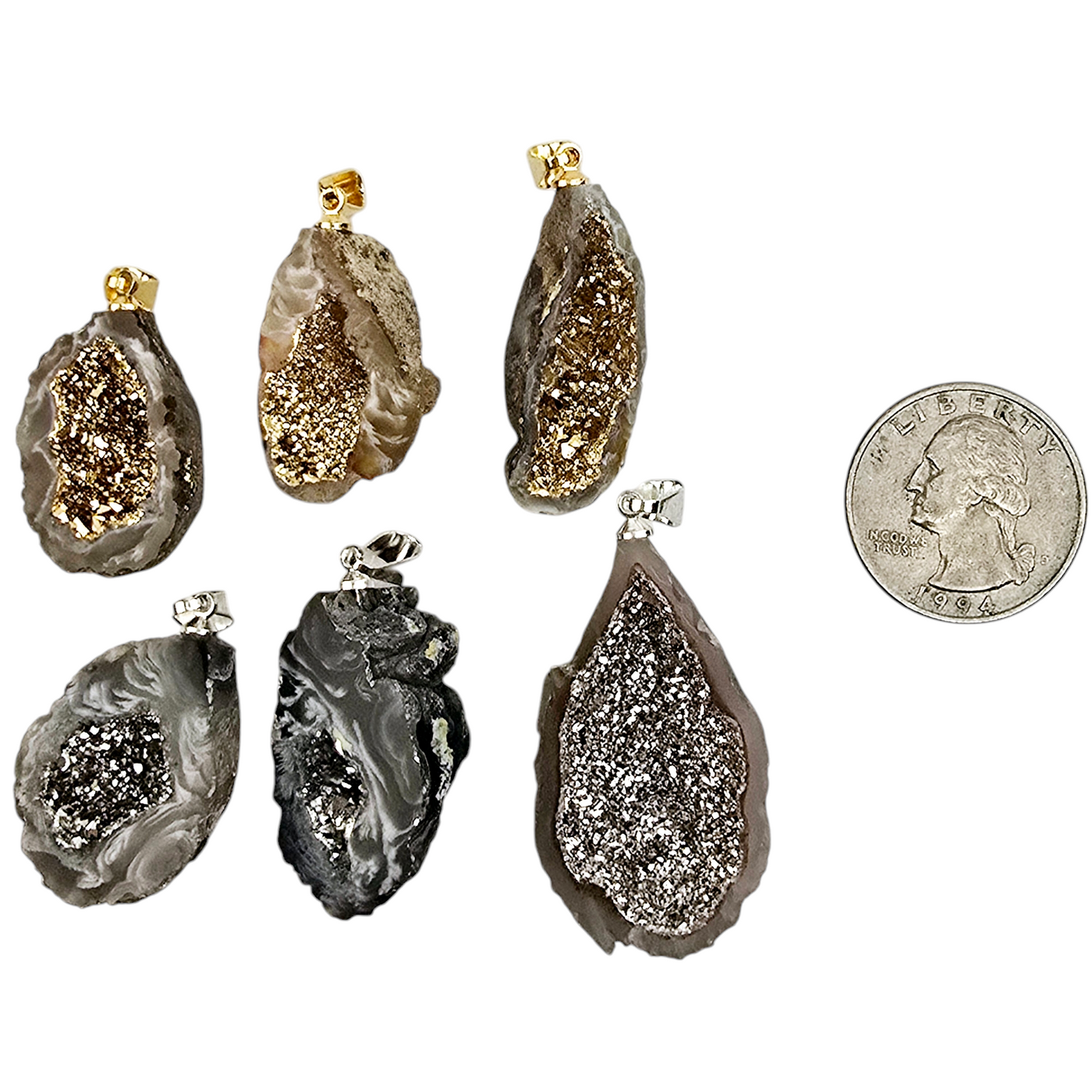 Occo Agate Geode Crystal Pendant with Gold or Silver Plated Druzy Center - You Choose Finish both variants with quarter for size reference