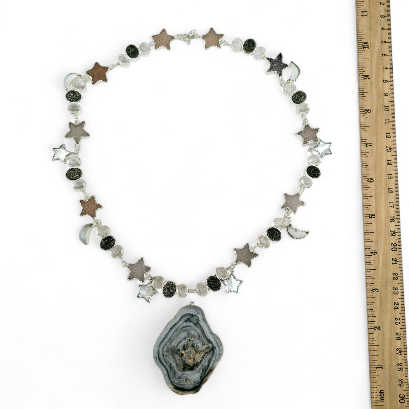 Chalcedony Druzy Galaxy Pendant Sterling Silver Necklace with Druzy and Mother-of-Pearl Stars and Crystal Quartz Moon Charms - Handmade - One-of-a-Kind with ruler for size reference