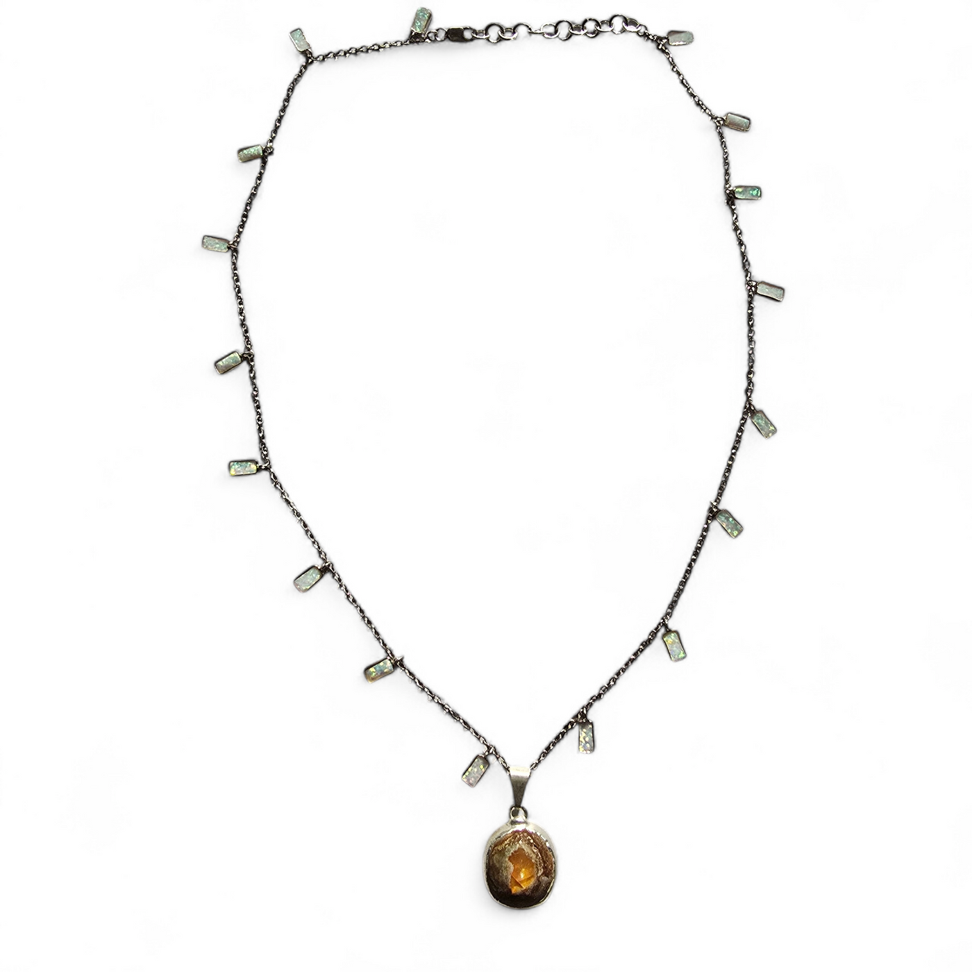 Mexican Fire Opal and Ethiopian Opal Sterling Silver Crystal Necklace - Handmade - on white background