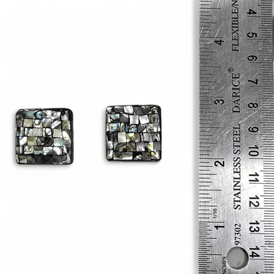 Abalone Shell Square Mosaic Cabochons Pair - You Get Both top view with ruler for size reference