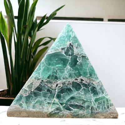 Large green fluorite pyramid with a plant in the background.