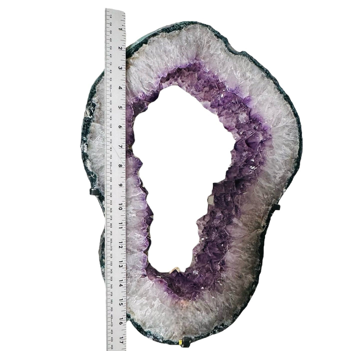 Amethyst Crystal Point Mirror next to a ruler for size reference 