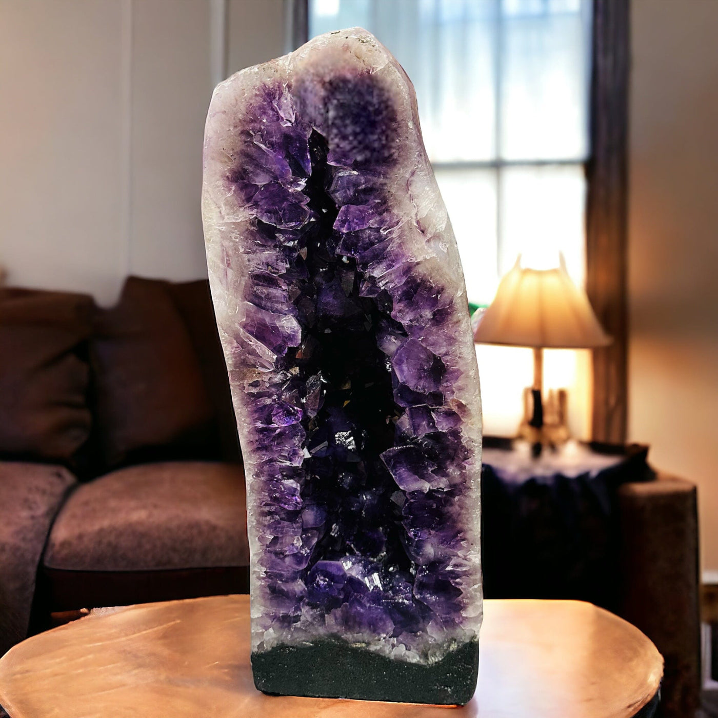 Amethyst Cathedral with a Natural Back - Rare Piece displayed as home decor